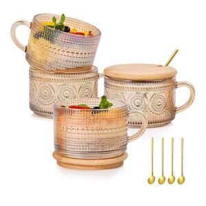 Vintage Coffee Mugs Set Of 4 Embossed Tea Cups Overnight Oats Containers With Ba